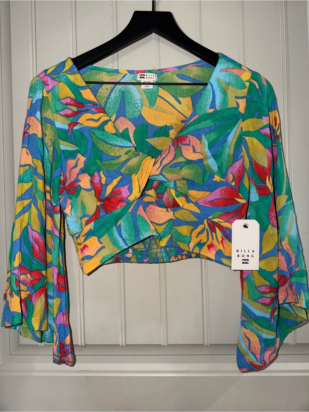 Billabong Teal Multi-Color Tropical Knot-Front Cropped Blouse